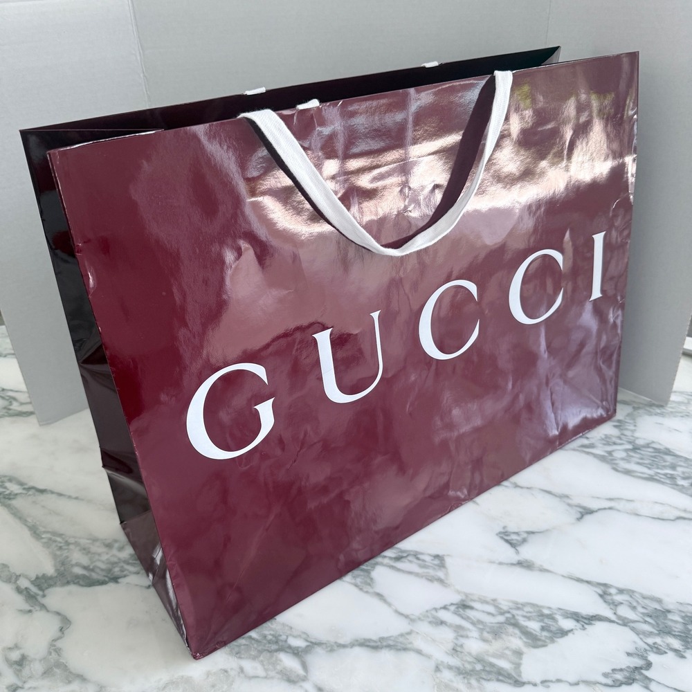 Gucci Large Glossy Burgundy Shopping Bag White Logo Rope Handles 23x17x7.5